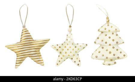 Décorations de Noël peintes à l'aquarelle. Éléments festifs isolés sur fond blanc pour créer des cartes, des invitations, des décorations de Noël. Banque D'Images