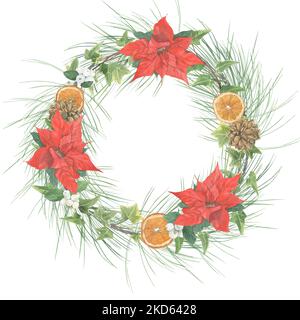 Couronne de Noël de plantes colorées et de décorations peintes à l'aquarelle. Branches de pin, lierre, houx, poinsettia, orange séché, Cônes et Noël Banque D'Images