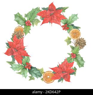 Couronne de Noël de plantes colorées et de décorations peintes à l'aquarelle. Branches de pin, lierre, houx, poinsettia, orange séché, Cônes et Noël Banque D'Images
