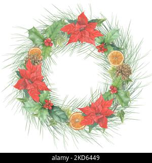 Couronne de Noël de plantes colorées et de décorations peintes à l'aquarelle. Branches de pin, lierre, houx, poinsettia, orange séché, Cônes et Noël Banque D'Images