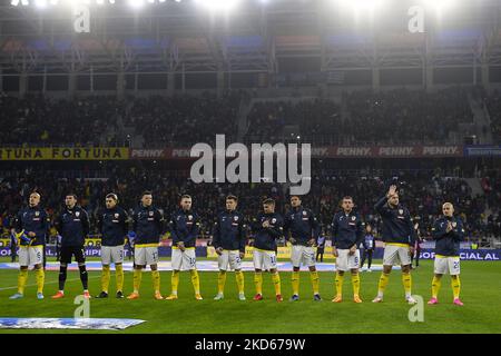 Florin Nita, Andrei Ratiu, Vlad Chiriches, Alexandru Cicadau, George Puscas, Alexandru Maxim, Adrian Rus, Razvan Marin, Ionut Mitrita, Camora, Mihai Bordeianu en action pendant le match international amical entre la Roumanie et la Grèce à Stadionul Steaua sur 25 mars 2022 à Bucarest, Roumanie. (Photo par Alex Nicodim/NurPhoto) Banque D'Images