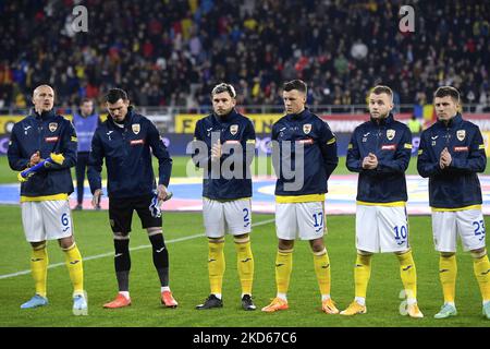 Florin Nita, Andrei Ratiu, Vlad Chiriches, Alexandru Cicadau, George Puscas, Alexandru Maxim, Adrian Rus, Razvan Marin, Ionut Mitrita, Camora, Mihai Bordeianu en action pendant le match international amical entre la Roumanie et la Grèce à Stadionul Steaua sur 25 mars 2022 à Bucarest, Roumanie. (Photo par Alex Nicodim/NurPhoto) Banque D'Images