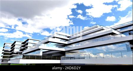 Concept abstrait d'un complexe hôtelier de style high-tech. Les terrasses de type ouvert avec une façade sous forme d'escalier créent un look unique et ergonomique Banque D'Images