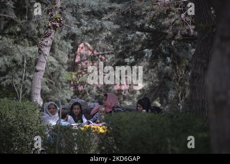 Une famille iranienne s'assoit dans un parc du nord de Téhéran pendant le jour de Sizdah Bedar, également connu sous le nom de Journée de la nature, sur 2 avril 2022. Sizdah Bedar, également connu sous le nom de la Journée de la nature, est un festival iranien qui se tient chaque année le treizième jour de Farvardin (le premier mois du calendrier iranien), où les gens passent du temps à l'extérieur et marquent la fin des vacances de Nowruz en Iran. Le gouvernement iranien a autorisé les gens à sortir de leur maison et à se rendre dans des lieux de plein air deux ans après la nouvelle épidémie de coronavirus (COVID-19) en Iran. (Photo de Morteza Nikoubazl/NurPhoto) Banque D'Images