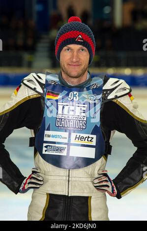 HEERENVEEN, T.-N.-L. Franz Mayerbüchler (93) (Allemagne) lors de la finale du Championnat du monde de gladiateurs FIM Ice Speedway 3 à Ice Rink Thialf, Heerenveen, le samedi 2 avril 2022. (Photo de Ian Charles/MI News/NurPhoto) Banque D'Images