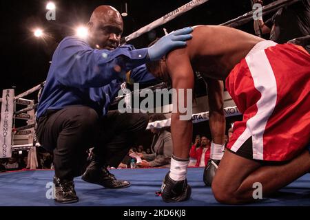 Léger Joshua James Pagan (2-0, 2KOs, Grand Rapids, MI) fait un travail rapide de Calvin Glover (0-5, Chicago, il), le battant par knock-out à la marque de 1:36 minutes dans le premier tour à l'événement professionnel de boxe de Detroit Brawl organisé au Ford Community and Performing Arts Center à Dearborn, Michigan sur 2 avril 2022. (Photo par Adam J. Dewey/NurPhoto) Banque D'Images