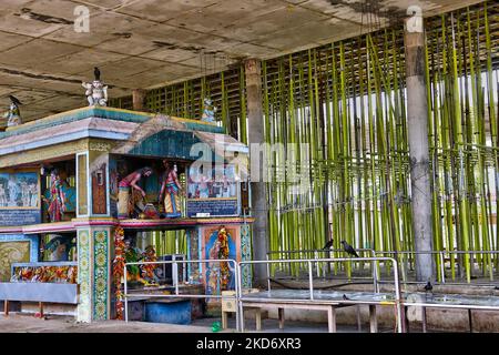 Reconstruction et reconstruction du temple de Vattapalai Kannakki Amman détruit pendant la guerre civile de 26 ans entre l'armée sri-lankaise et les LTTE (Tigres de libération de l'Eelam tamoul) à Mullaitivu, au Sri Lanka. Le temple Vattapalai Kannakki Amman (Vattapalai Kannaki Amman Kovil) est dédié à la déesse Kannikki Amma. Selon la légende de Karna, Kannaki de Madurai est arrivé au Sri Lanka et s'est reposé dans dix endroits différents. La dixième place qu'elle a visitée était Vattapalai. Vattapalai Amman est considéré comme une divinité de mythes, de mystères et de miracles. Vaikasi Visakam Pongal Thiruvilla i Banque D'Images