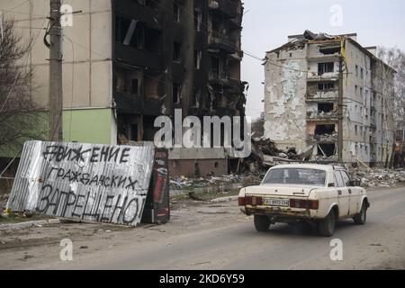 Immeuble résidentiel détruit par l'armée russe dans la reprise par l'armée ukrainienne Borodyanka ville près de Kiev, Ukraine, 05 avril 2022 (photo de Maxym Marusenko/NurPhoto) Banque D'Images