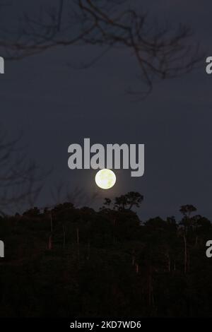 La vue de la superlune vue au lever du soleil, également connue sous le nom de lune rose super, est vue dans le ciel au-dessus de la région du Mont Salak, au nord d'Aceh, sur 17 avril 2022, dans la province d'Aceh, Indonésie. (Photo de Fachrul Reza/NurPhoto) Banque D'Images