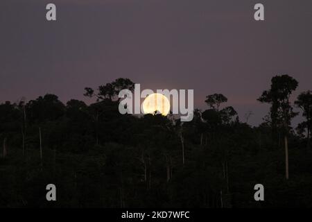 La vue de la superlune vue au lever du soleil, également connue sous le nom de lune rose super, est vue dans le ciel au-dessus de la région du Mont Salak, au nord d'Aceh, sur 17 avril 2022, dans la province d'Aceh, Indonésie. (Photo de Fachrul Reza/NurPhoto) Banque D'Images