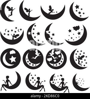 Un jeu d'illustrations numériques de silhouettes de croissants élégants lunes avec des étoiles et des fées Illustration de Vecteur