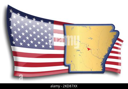 Etats-Unis - carte de l'Arkansas contre un drapeau américain. Les rivières et les lacs sont affichés sur la carte. American Flag et State Map peuvent être utilisés séparément et Illustration de Vecteur