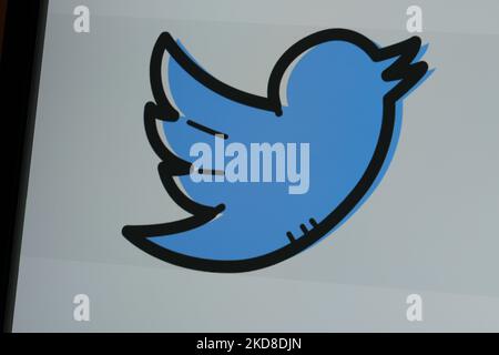 Dans cette illustration, le logo Twitter du réseau social de microblogging est affiché sur l'écran d'un ordinateur sur 25 avril 2022 à New York, Etats-Unis. Le conseil d'administration de Twitter a accepté une offre du milliardaire Elon Musk d'acheter la société de médias sociaux et de la rendre privée, a annoncé la société lundi. (Photo de John Nacion/NurPhoto) Banque D'Images