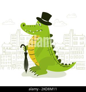 Dessin animé crocodile dans un grand chapeau illustration vectorielle pour les enfants. Illustration de Vecteur