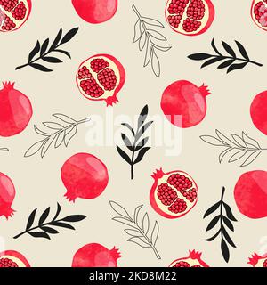 Motif grenade sans couture. Illustration d'aquarelle vectorielle avec fruits et branches Illustration de Vecteur