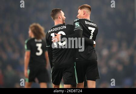 Harvey Barnes (à droite) de Leicester City célèbre le deuxième but de son équipe avec James Maddison, lors du match de la Premier League à Goodison Park, Liverpool. Date de la photo: Samedi 5 novembre 2022. Banque D'Images