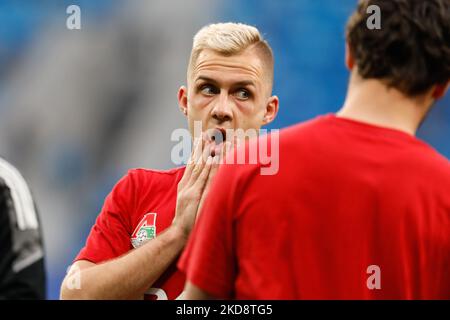 Dmitry Barinov, de Lokomotiv Moscou, réagit lors de l'échauffement avant le match de la première ligue russe entre le FC Zenit Saint-Pétersbourg et le FC Lokomotiv Moscou sur 30 avril 2022 à l'arène Gazprom de Saint-Pétersbourg, en Russie. (Photo de Mike Kireev/NurPhoto) Banque D'Images