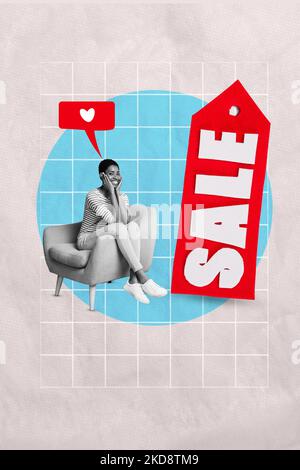 Montage vertical image de gai mini personne noir blanc effet siège comme notification grande annonce de vente isolée sur fond de dessin