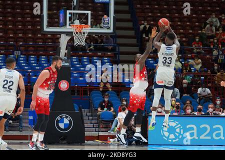 Nick Perkins (Happy Casa Brindisi) pendant le championnat italien de basket-ball A Serie Championship A X Armani Exchange Milano vs Happy Casa Brindisi sur 01 mai 2022 au Forum de Mediolanum à Milan, Italie (photo de Savino Paolella/LiveMedia/NurPhoto) Banque D'Images