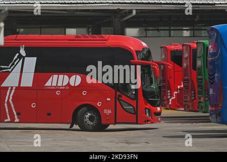 Bus ADO vus à la gare routière. À Playa Del Carmen. Le vendredi 29 avril 2022, à Playa Del Carmen, Quintana Roo, Mexique. (Photo par Artur Widak/NurPhoto) Banque D'Images