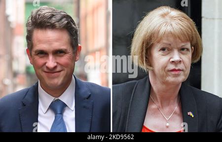 Photos sans date de Sir Gavin Williamson et Wendy Morton. Le ministre du Cabinet Sir Gavin fait face à une enquête sur une série de messages abusifs et menaçants envoyés au whip en chef conservateur de l'époque, se plaignant qu'il avait été exclu des funérailles de la Reine. Williamson, qui était à l'époque un député de backbencher, a accusé Wendy Morton d'utiliser la mort du monarque pour 'punir' les députés qui étaient en faveur du gouvernement de Liz Truss. L'échange de messages a été obtenu par le Sunday Times. Date de publication : samedi 5 novembre 2021. Banque D'Images