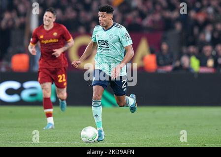 James Justin du Leicester City FC lors de la demi-finale de la Ligue des conférences de l'UEFA, match deux entre AS Roma et Leicester City FC sur 5 mai 2022 à Rome, Italie. (Photo de Giuseppe Maffia/NurPhoto) Banque D'Images