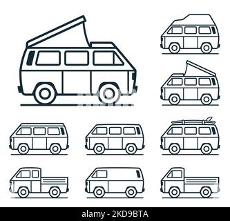 2D icônes de van illustrées avec plusieurs variations sur un arrière-plan blanc isolé Illustration de Vecteur