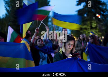 Manifestation devant l’ambassade de la Fédération de Russie contre l’agression russe en Ukraine le 09 mai 2022 à Sofia (Bulgarie). (Photo de Hristo Vladev/NurPhoto) Banque D'Images