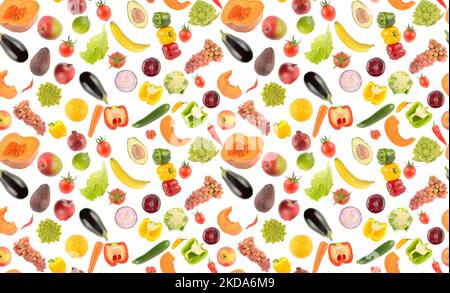 Grand motif coloré sans couture légumes frais et fruits lumineux isolés sur fond blanc. Banque D'Images