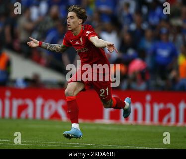 Kostas Tsimikas, de Liverpool, célèbre la finale de la coupe FA entre Chelsea et Liverpool au stade Wembley, Londres, Royaume-Uni, le 14th mai 2022 (photo d'action Foto Sport/NurPhoto) Banque D'Images