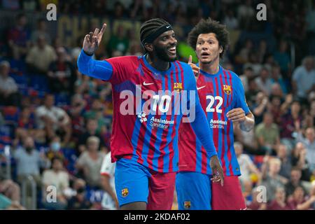 Dika Mem du FC réagit à Barcelone lors du match de la Ligue des champions de l'EHF entre le FC Barcelone et SG Flensburg-Handewitt à Palau Blaugrana, Barcelone, Espagne, jeudi 19 mai 2022. (Photo par Flor Tan Jun/NurPhoto) Banque D'Images