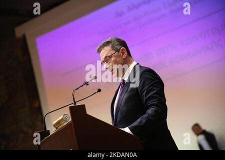 Cérémonie de commémoration d'Albert Burla au président honoraire de l'Association d'amitié gréco-israélienne, dans la salle de cérémonie de l'Université Aristote de Thessalonique, à Thessalonique, sur 22 mai 2022. (Photo par Achilleas Chiras/NurPhoto) Banque D'Images