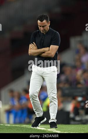 Xavi Hernandez entraîneur-chef de Barcelone pendant le match LaLiga Santander entre le FC Barcelone et le FC Villarreal au Camp Nou sur 22 mai 2022 à Barcelone, Espagne. (Photo de Jose Breton/Pics action/NurPhoto) Banque D'Images