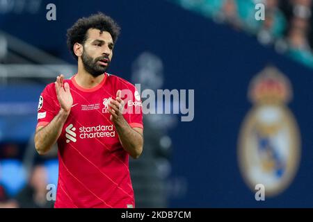 Mohamed Salah du FC Liverpool gestes lors du match final de la Ligue des champions de l'UEFA entre le FC Liverpool et le FC Real Madrid au Stade de France sur 28 mai 2022 à Paris, France. (Photo de Giuseppe Maffia/NurPhoto) Banque D'Images