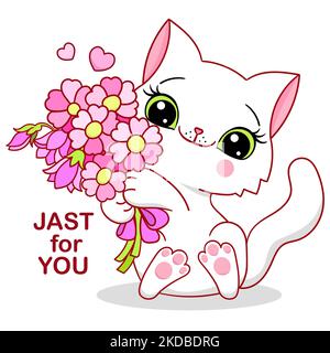 Joli chaton blanc avec un bouquet de fleurs. Vecteur Illustration de Vecteur
