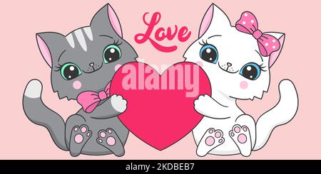 Deux chats tiennent un coeur. Texte Amour. Vecteur Illustration de Vecteur