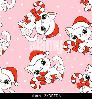Motif sans couture avec chatons blancs et friandises de Noël. Vecteur Illustration de Vecteur