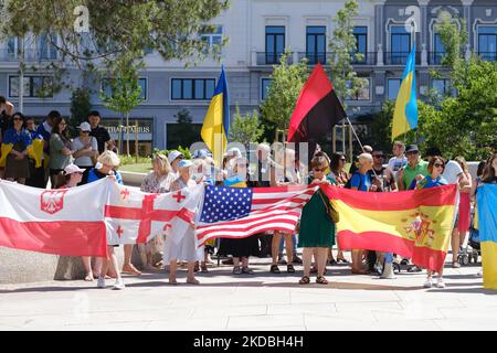 Le manifestant tient un écriteau exprimant son opinion au cours de la démonstration. Des milliers de manifestants pro-ukrainiens manifestent contre l'invasion russe de l'Ukraine alors qu'ils marchent de la place España à la place Callao de Madrid. 5 juin 2022 Espagne (photo par Oscar Gonzalez/NurPhoto) Banque D'Images