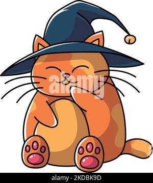 Illustration d'un joli vecteur kawaii montrant un chat portant un chapeau de sorcher sur un fond blanc Illustration de Vecteur