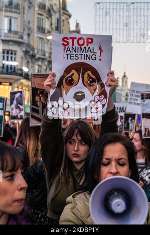 Madrid, Espagne. 05th novembre 2022. Une femme portant un écriteau lors d'une manifestation contre les essais sur des animaux. Les militants des droits des animaux protestent contre l'expérimentation animale et le cas de Vivotecnia, une société dont le procès est ouvert pour abus d'animaux lors d'expériences d'expérimentation animale. Credit: Marcos del Mazo/Alay Live News Banque D'Images