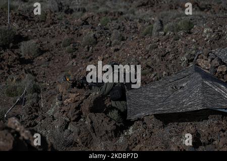 Les soldats de l'INT qui jouent la force adverse sécurisent la zone d'entraînement sur le terrain d'entraînement de Pohakuloa, le 1 novembre 2022. Le JPMRC 23-01 établit des partenariats efficaces avec un large éventail de forces dominantes sur terre ; la stratégie de défense indo-Asie-Pacifique des États-Unis doit inclure une dimension de forces terrestres bien dotées de ressources, qui est prédestinée à influencer le « domaine humain », souvent négligé mais pourtant critique. (É.-U. Photo de l'armée par le Sgt. Daniel proprement dit, 25th Division d'infanterie) Banque D'Images