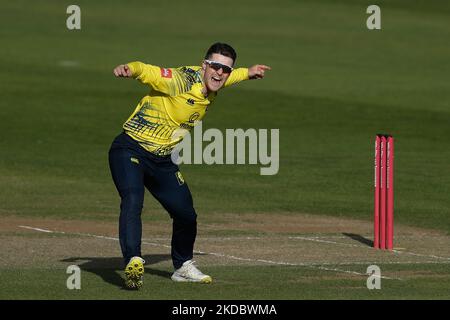 Liam Trevaskis de Durham célèbre un match de cricket lors du match de Blast T20 de Vitality entre le Durham County Cricket Club et le Lancashire au Seat unique Riverside, Chester le Street, le vendredi 10th juin 2022. (Photo de will Matthews/MI News/NurPhoto) Banque D'Images