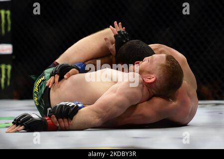 Jack Della Maddalena, d’Australie (front), combat Ramazan Emeev, de Russie, lors de l’affrontement de poids-corps masculin lors de l’événement UFC 275 au stade intérieur de Singapour sur 12 juin 2022, à Singapour. (Photo de Suhaimi Abdullah/NurPhoto) Banque D'Images