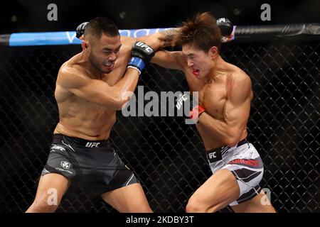 Josh Culibao d'Australie (L) combat Seungwoo Choi de Corée du Sud dans le combat de poids plume masculin lors de l'événement UFC 275 au stade intérieur de Singapour sur 12 juin 2022 à Singapour. (Photo de Suhaimi Abdullah/NurPhoto) Banque D'Images