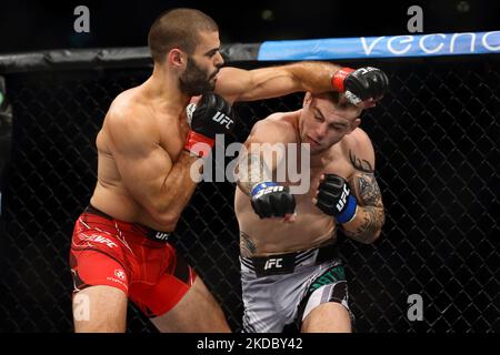 Jake Matthews, d’Australie (R), combat André Fialho, du Portugal, lors de l’épreuve de poids-corps masculin lors de l’événement UFC 275 au stade intérieur de Singapour, sur 12 juin 2022, à Singapour. (Photo de Suhaimi Abdullah/NurPhoto) Banque D'Images