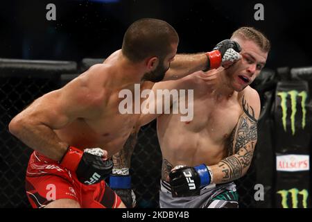 Jake Matthews, d’Australie (R), combat André Fialho, du Portugal, lors de l’épreuve de poids-corps masculin lors de l’événement UFC 275 au stade intérieur de Singapour, sur 12 juin 2022, à Singapour. (Photo de Suhaimi Abdullah/NurPhoto) Banque D'Images