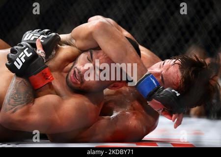 Josh Culibao d'Australie (front) combat Seungwoo Choi de Corée du Sud dans le combat de poids plume de mens lors de l'événement UFC 275 au stade intérieur de Singapour sur 12 juin 2022 à Singapour. (Photo de Suhaimi Abdullah/NurPhoto) Banque D'Images