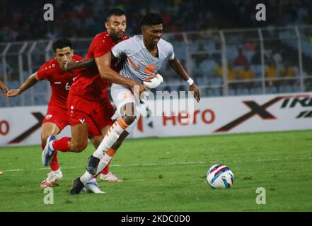 Le dernier match de football de la coupe asiatique 2023 de l'AFC entre l'Inde et l'Afghanistan au Vivekananda Yuba Bharati Krirangan à Kolkata sur 11 juin,2022. Inde -2 et Afghanistan-1. (Photo de Debajyoti Chakraborty/NurPhoto) Banque D'Images