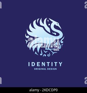 Logo de la cigogne bleu clair dans un cercle décoratif et texte modifiable sur fond bleu foncé Illustration de Vecteur