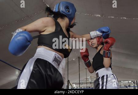 Deux femmes lors d'une exposition de boxe au bureau du maire de Tláhuac à Mexico, à l'occasion du 800th anniversaire de la Fondation Cuitláhuac. Selon des données historiques, Tláhuac a été fondée en l'an 1222 après J.-C., près du centre de l'ancien lac de Xochimilco. Ses premiers colons étaient les Chichimecas. (Photo de Gerardo Vieyra/NurPhoto) Banque D'Images